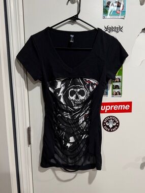 Sons of Anarchy Laser Cut Layered Graphic Top / Black Biker Grunge Tee